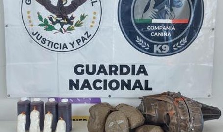 Guardia Nacional localizan aparente Crystal y Mariguana en botellas de salsa y pieza automotriz