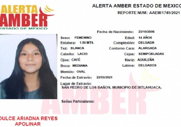 Dulce, menor de 14 años, desapareció en el Estado de México