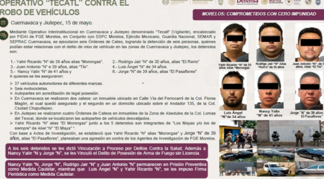Duro golpe a la banda de «Los Mayas» en Morelos; caen 6 integrantes por robar autos
