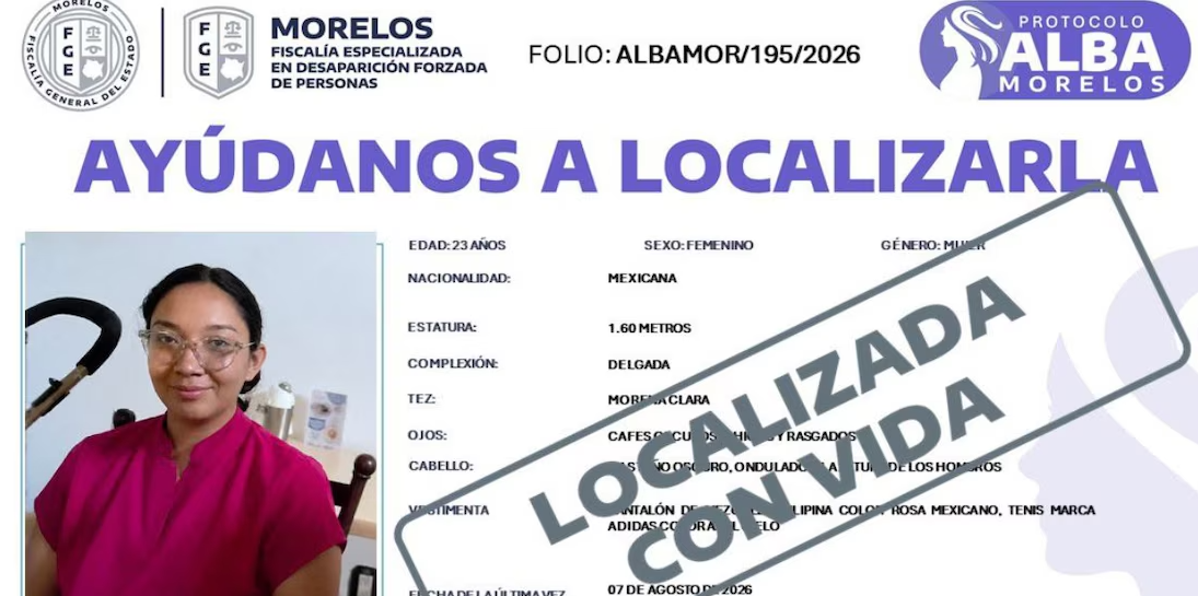 Localizan con vida a Wendy Janeth, egresada de la UAEM que había desaparecido en Cuernavaca